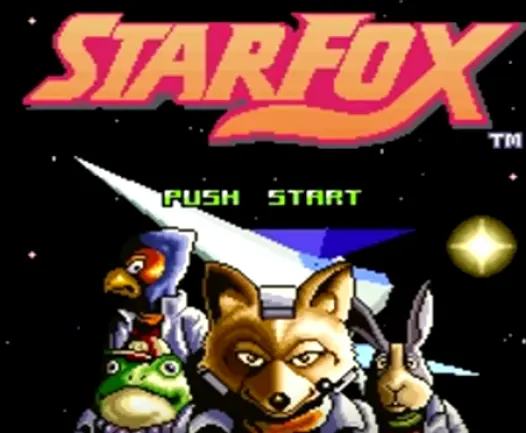 Star Fox (SNES) title screen with Fox McCloud, Falco Lombardi, Peppy Hare, and Slippy Toad