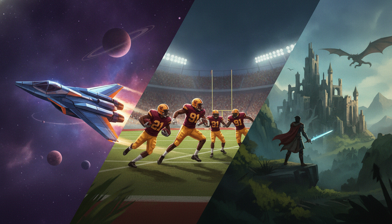 Spaceship in space, football players on a field, and a knight with a glowing sword facing a castle and dragon